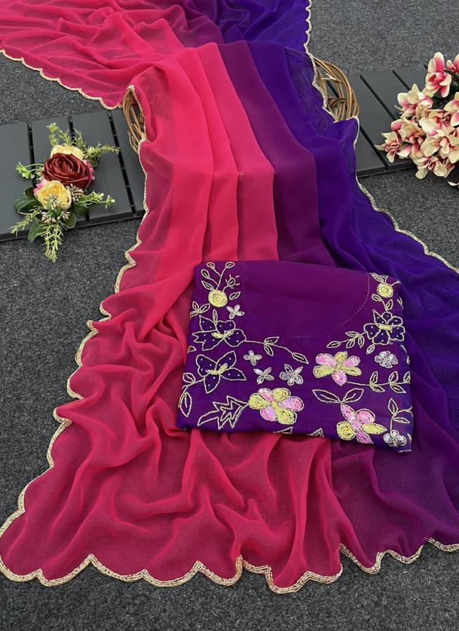 Georgette Purple Party Wear Khatli Work Saree